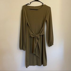 Tie front, Balloon Sleeve Dress Olive Green